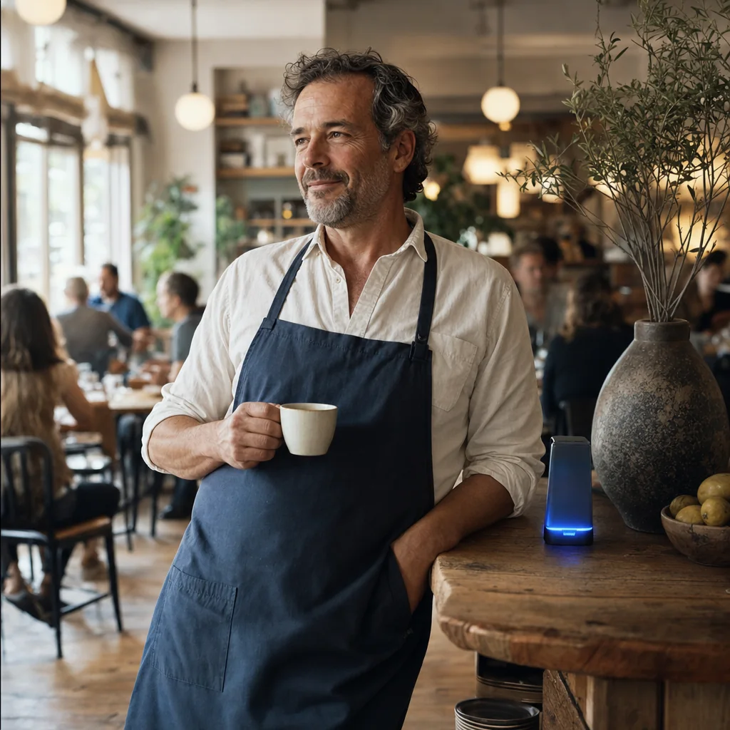 A cafe owner leans against his counter with a coffee while his dining room hums softly behind him