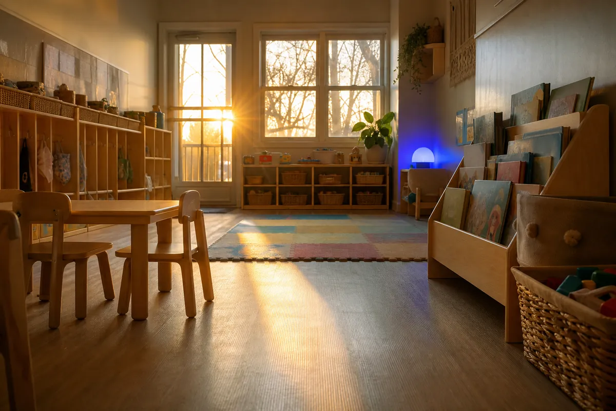 A daycare room at sunrise seen from low down with small tables, cubbies, and a small blue night light.
