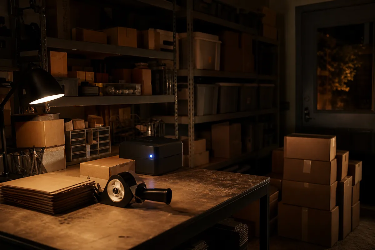 A packing bench with kraft boxes and sealed parcels in a small fulfillment room at night.