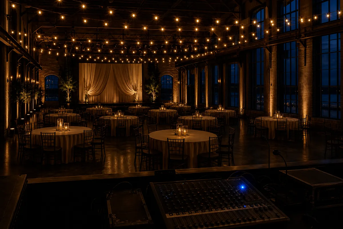 An event hall set with round tables under string lights at night with a small blue light on an AV console.