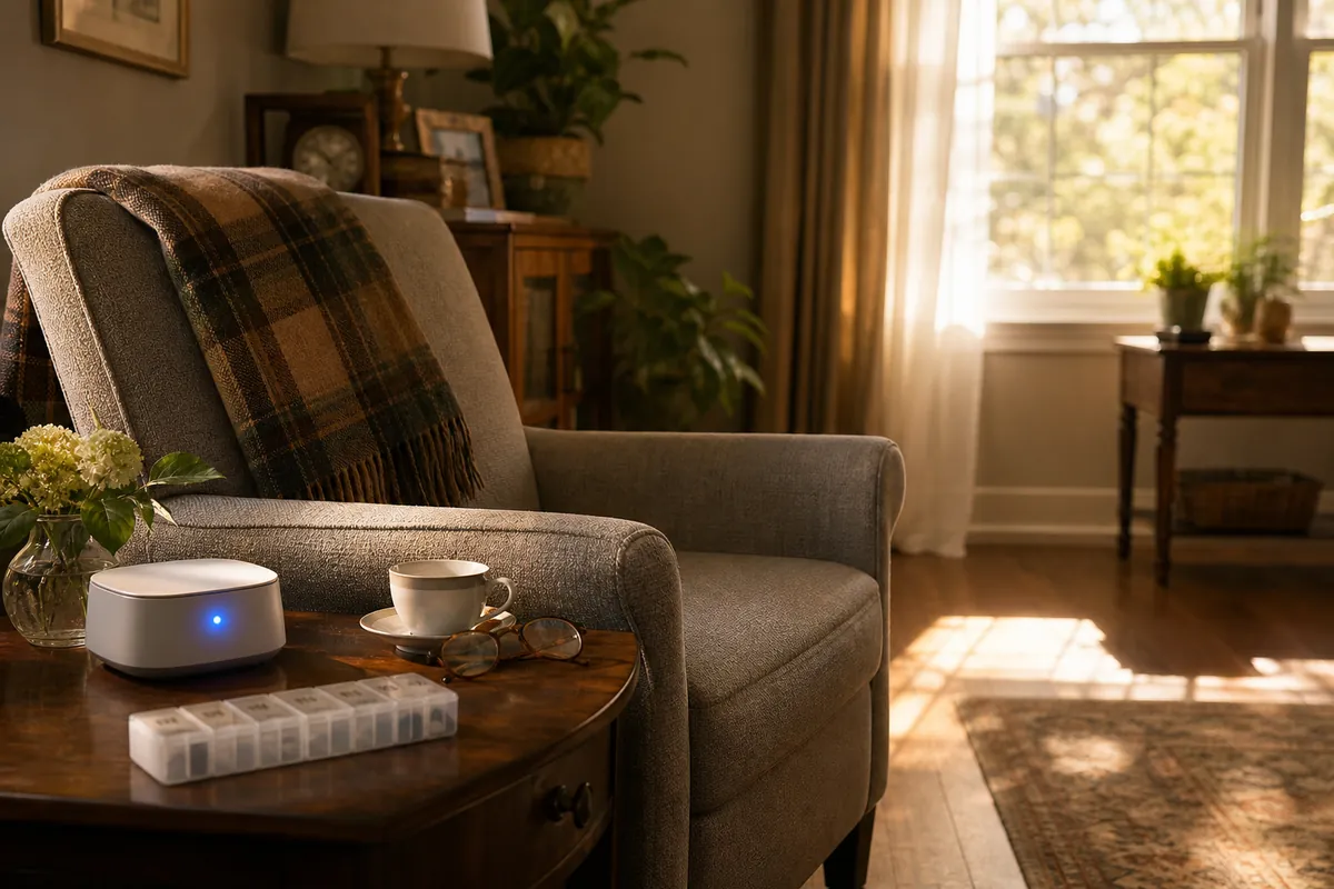 A warm living room in morning light with an armchair, a folded blanket, and a small blue light on a side table device.