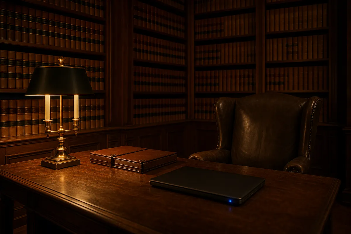 A law library corner at night with shelved volumes and a warm lamp over a reading table.