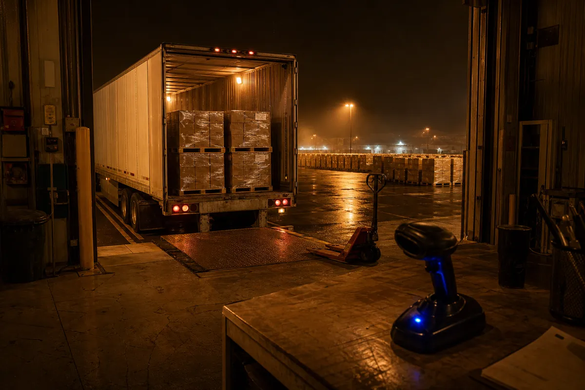 A freight dock at night with a parked trailer, wrapped pallets, and a small blue glow from a scanner cradle.