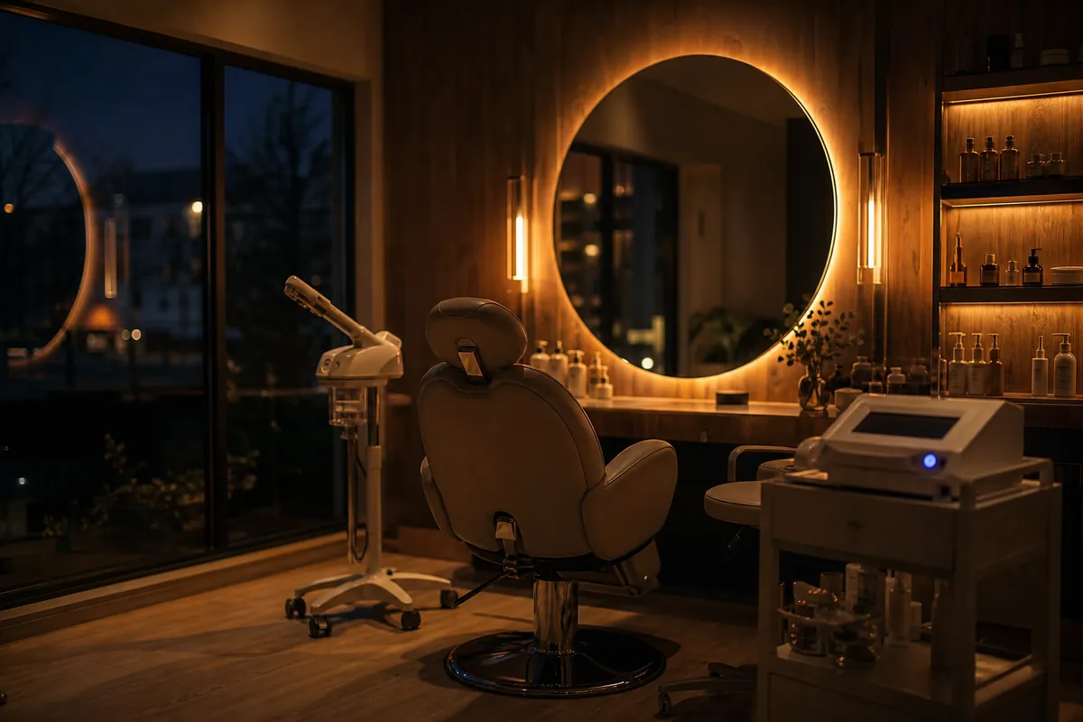 A salon styling chair and lit mirror inside a med spa at night with a small blue light on an equipment cart.