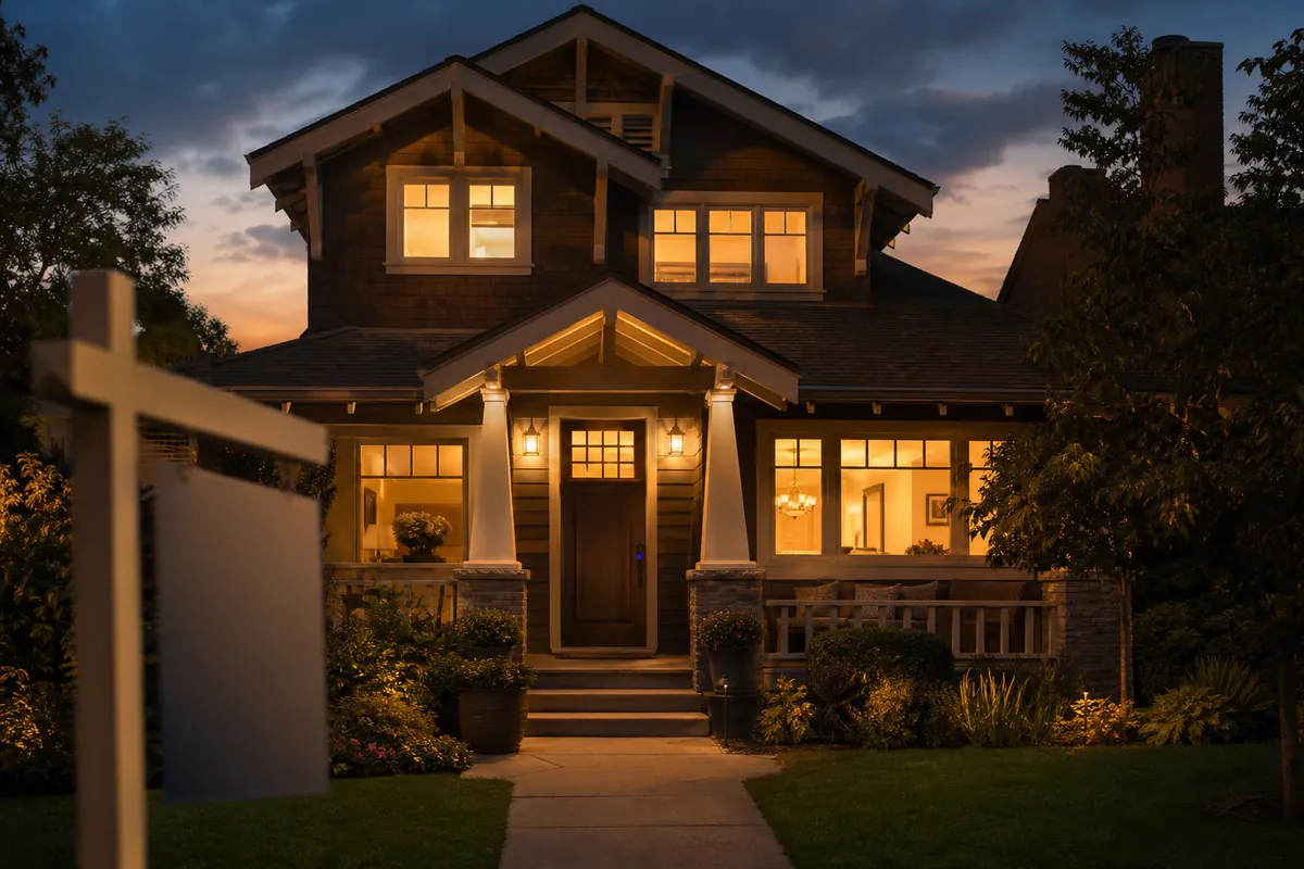 A staged home at dusk with warm lit windows and a lockbox on the front door.