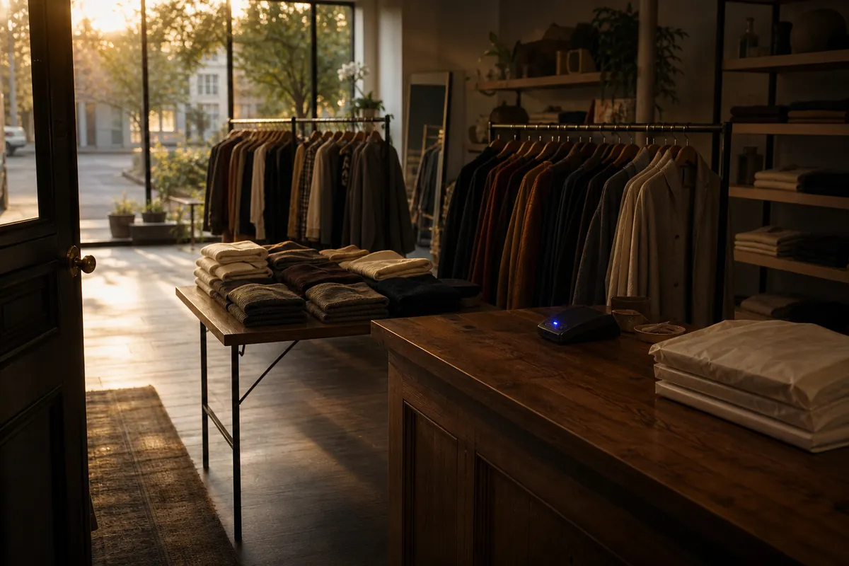 A boutique interior at dawn with garment racks, folded knitwear, and a wooden checkout counter.