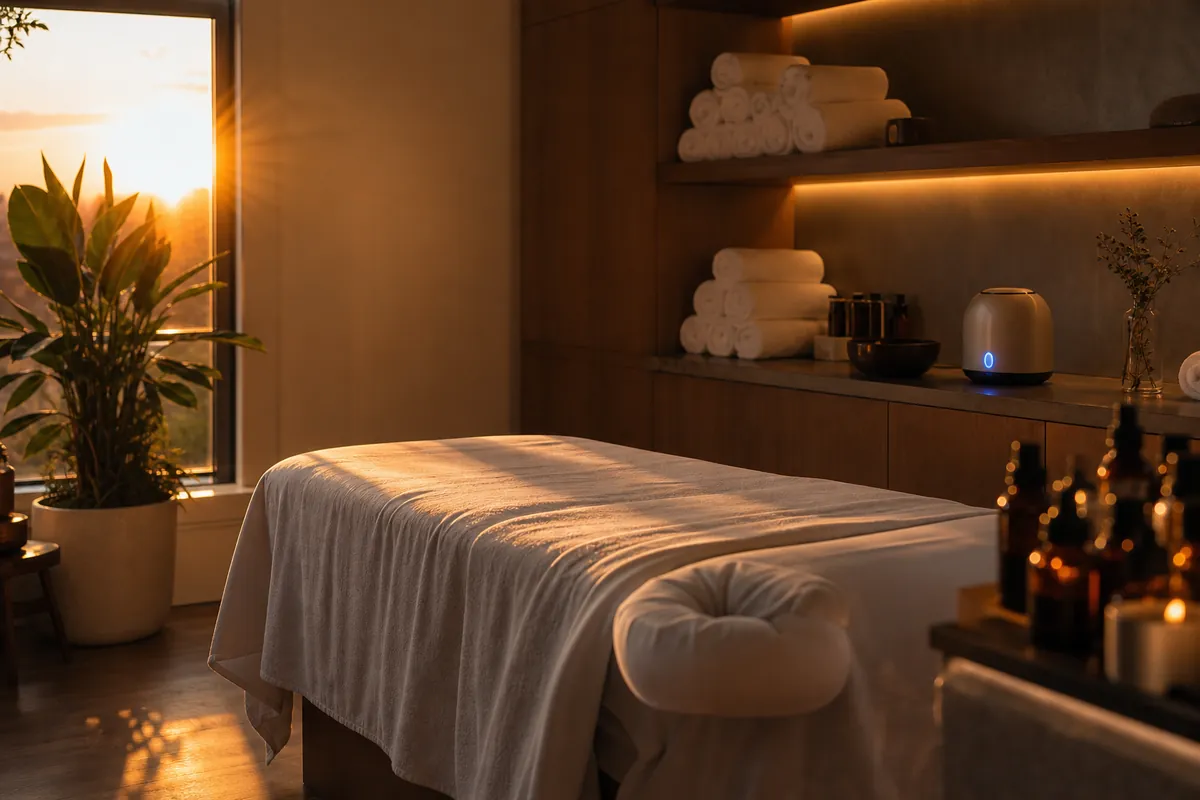 A wellness clinic treatment room in golden light with a massage table and a small blue light on a diffuser.